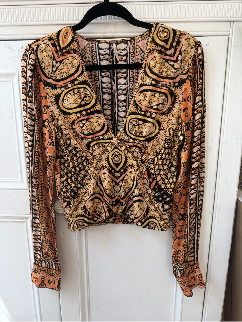 Free People Paisley V-Neck Blouse in Rust Black Cream
